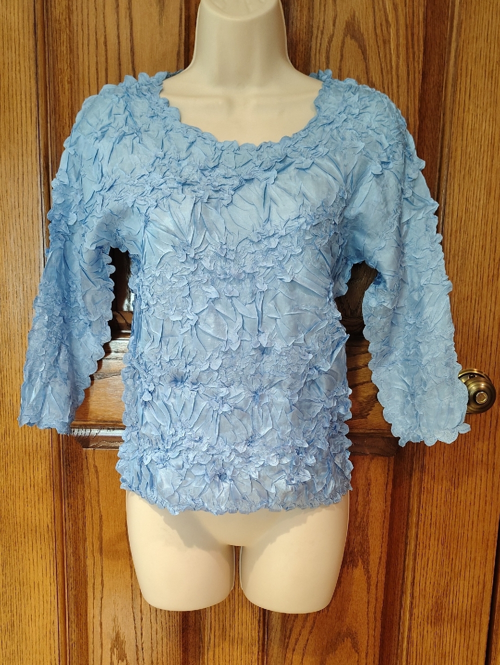Beautiful Light Blue Textured Ruffle Women's Top S-L